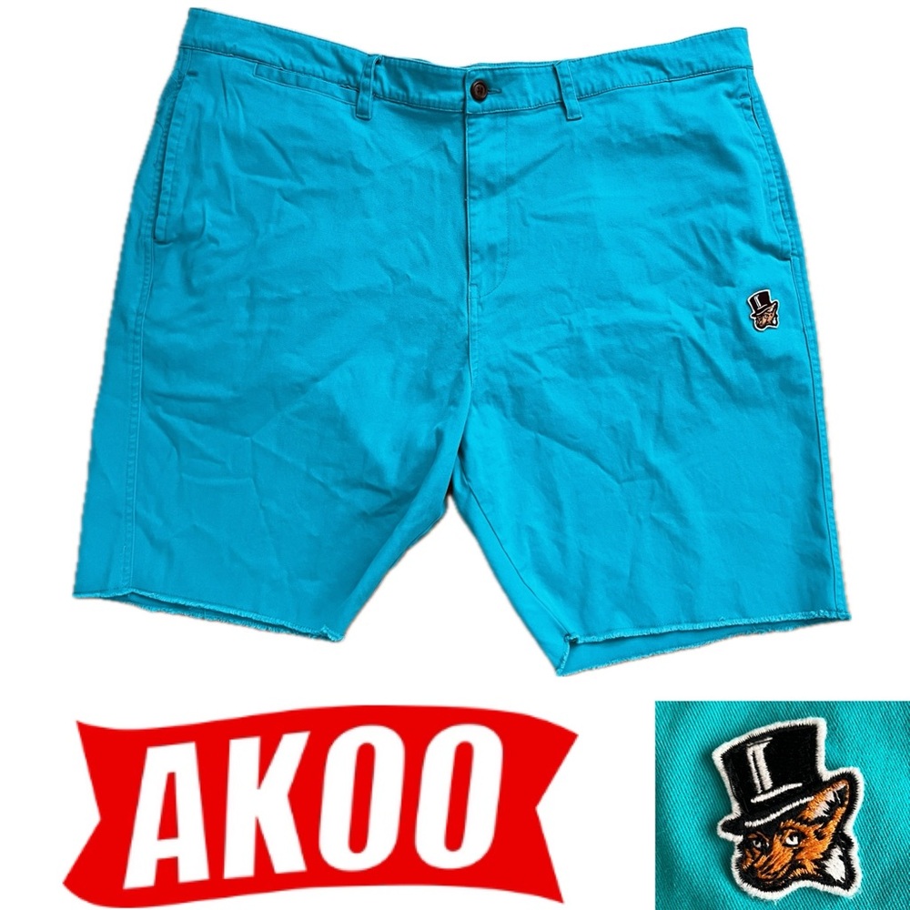 🧵42W 9” Inseam — Men's Teal Akoo Shorts | Raw Hem | Zipper & Button Closure